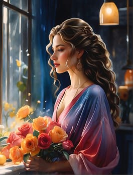 A captivating painting of a woman gracefully holding a bouquet of vibrant flowers.