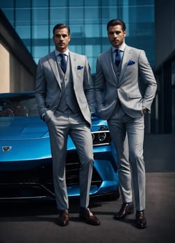 Two sharply dressed men standing next to a sleek blue sports car.