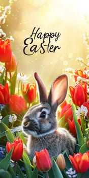 A festive Easter banner depicting a lifelike bunny with red tulips and decorated Easter eggs, embodying the joy of the holiday