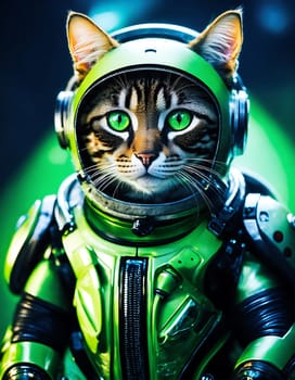 A cat dressed in a green space suit wearing headphones, enjoying the music while exploring the cosmos.