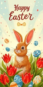 A festive and colorful Happy Easter card design, featuring an adorable illustrated bunny surrounded by vibrant tulips and decorative Easter eggs.