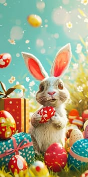 An adorable cartoon Easter bunny holding a decorated egg, surrounded by a variety of colorful eggs and gift boxes, celebrating the festive spirit.