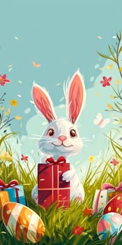 A whimsical Easter illustration featuring a white bunny with a bright orange bow, standing in a blooming spring field with gifts and a variety of patterned Easter eggs
