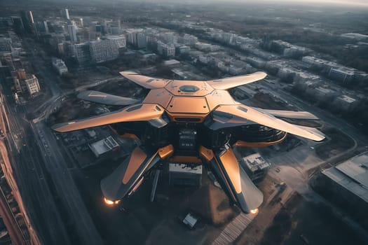 A large yellow airplane soars through the sky above a bustling city.