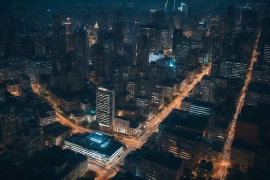 This captivating image shows a vibrant city at night, with its majestic skyscrapers and shimmering lights.