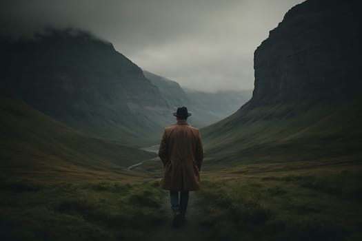 A man in a hat and coat walks through a serene valley surrounded by mountains.