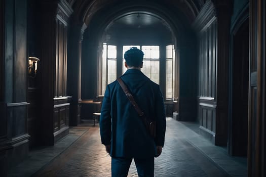 A man is seen standing in a hallway inside a building.