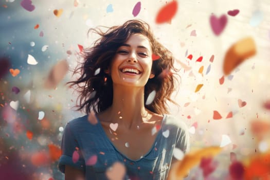 A delighted woman smiles under a shower of heart-shaped confetti, expressing pure joy in a celebratory atmosphere