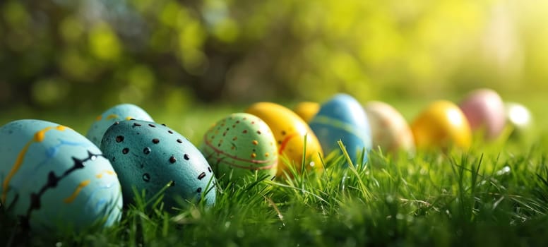 Hand-painted Easter eggs with unique patterns lying in lush green grass, illuminated by the warm, soft light of a sunny day.