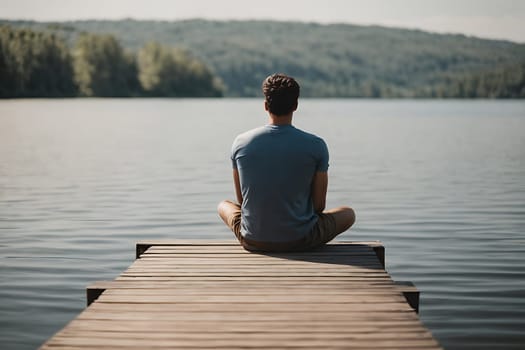 A peaceful man sits on a dock, gazing at the water, surrounded by natures tranquility.