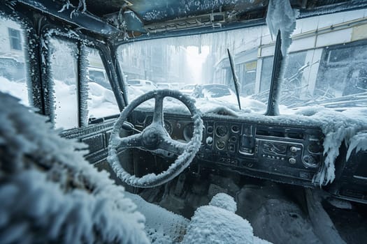 Interior of the vehicle is frozen and covered with snow and ice, global freezing concept