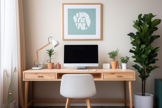 A Photo of a minimalistic computer desk setup with a laptop, monitor, and a single motivational quote print. Generative AI.