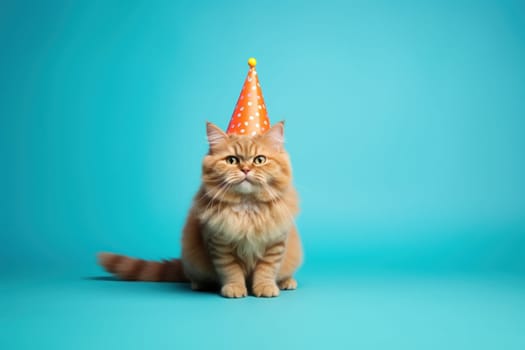 Happy cat celebrating birthday with party hat on, isolated on blue background. Generative AI.