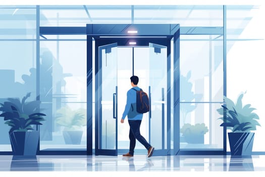 Businessman walking through the doorway, an open door filled with sunlight, enter the positive world. Generative AI.