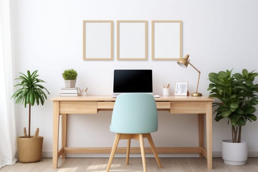 A Photo of a minimalistic computer desk setup with a laptop, monitor, and a single motivational quote print. Generative AI.
