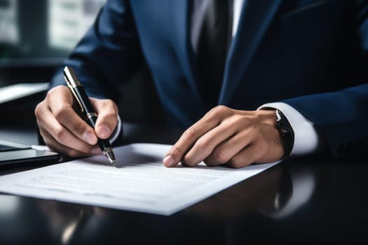 Business man with suit signing a new contract. Generative AI.