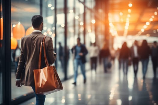 Blurred background of a modern shopping mall with some shoppers. Generative AI.