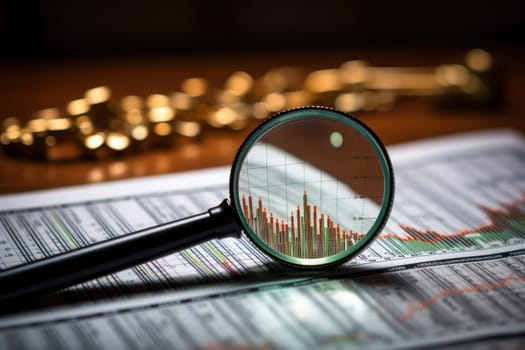 Magnifying glass on stock price graphs. Generative AI.