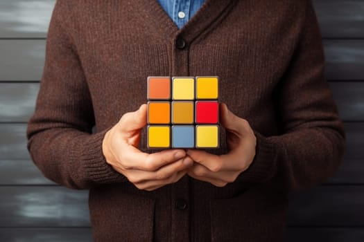 Photo excited people holding rubik isolated on brown color wall. Generative AI.