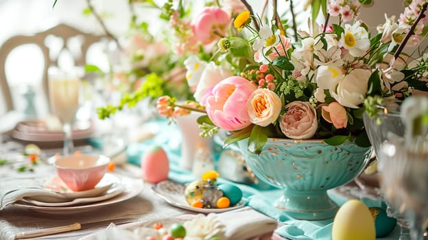 Easter served table with flowers. Selective focus. Holiday.