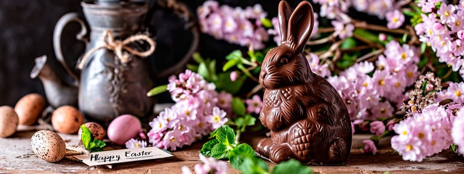 Easter chocolate bunny with flowers. Selective focus. Holiday.