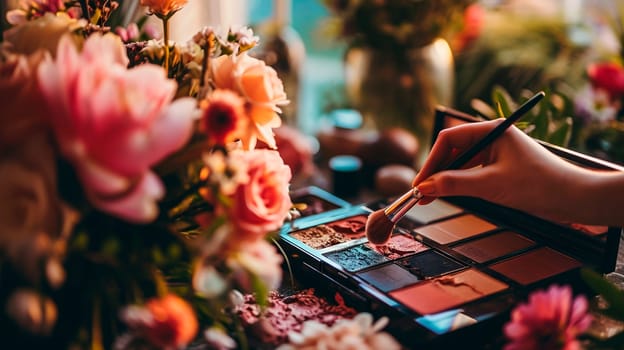 Decorative cosmetics for makeup, brush in hands and flowers. Selective focus. Nature.