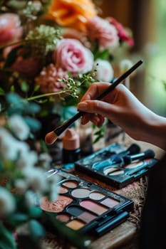 Decorative cosmetics for makeup, brush in hands and flowers. Selective focus. Nature.