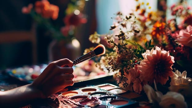 Decorative cosmetics for makeup, brush in hands and flowers. Selective focus. Nature.
