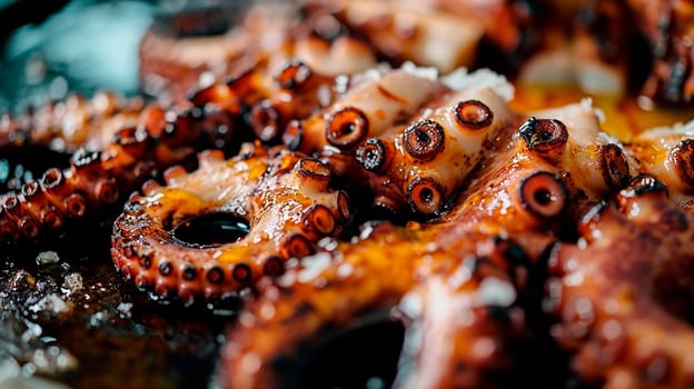 Fried octopus tentacles on a plate. Selective focus. Food.