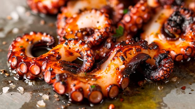 Fried octopus tentacles on a plate. Selective focus. Food.