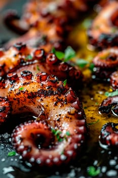 Fried octopus tentacles on a plate. Selective focus. Food.