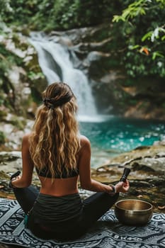 A woman meditates against the backdrop of a waterfall. Selective focus. Nature.