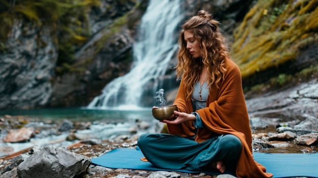 A woman meditates against the backdrop of a waterfall. Selective focus. Nature.