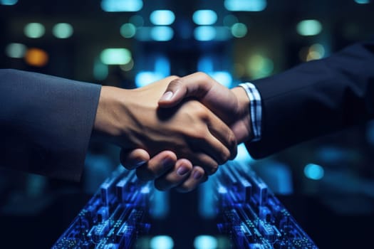 Image of enterprise collaboration, two people shaking hands. Generative AI.