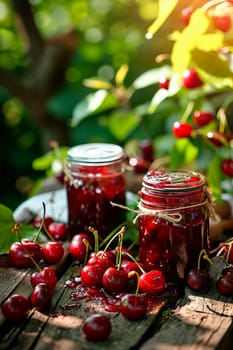 Cherry jam in garden jars. Selective focus. Food.
