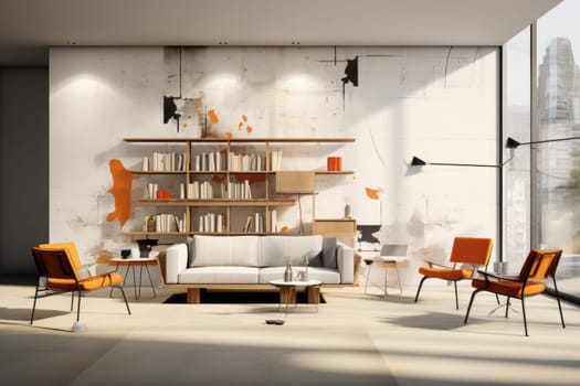 Wall Paper pencil sketch design with modern furniture in foreground. Generative AI.
