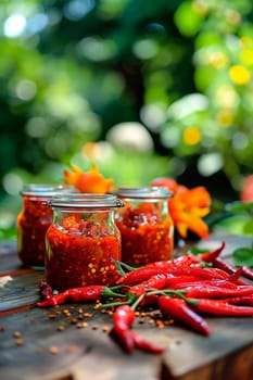 Pepper chilli preserved in jars. Selective focus. Food.