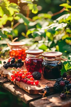 Various berries jam in the garden. Selective focus. Food.