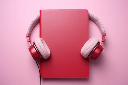 Flat lay of red notebook covered with headphones on pink background. Generative AI.