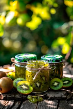 Kiwi jam in a jar. Selective focus. Food.