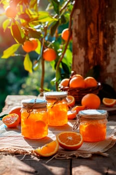 Orange jam in a jar. Selective focus. Food.
