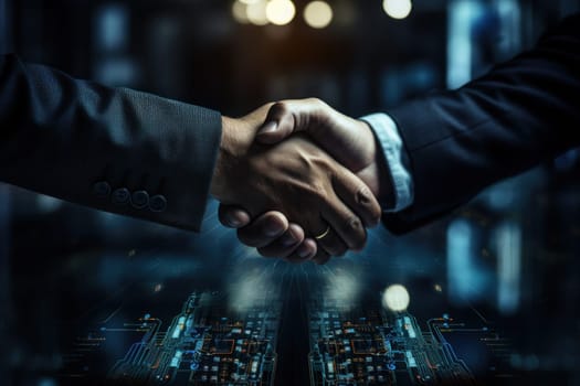 Image of enterprise collaboration, two people shaking hands. Generative AI.