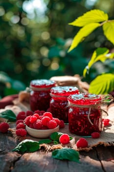 Raspberry jam in a jar. Selective focus. Food.