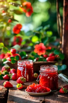 Strawberry jam in a jar. Selective focus. Food,