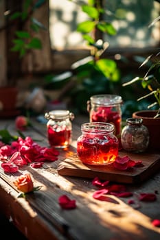 Rose petals jam in a jar. Selective focus. Food.