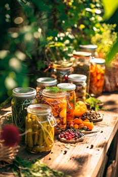 Various vegetables preserved in a jars. Selective focus. Food.