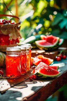 Watermelon jam in a jar. Selective focus. food.