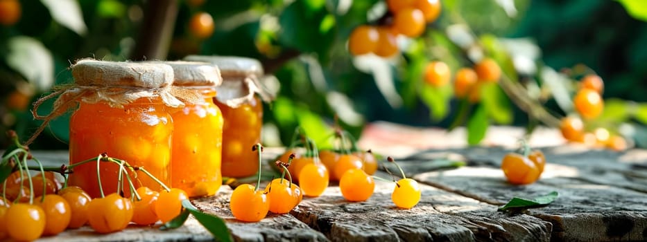 Yellow cherry jam in a jar. Selective focus. food.