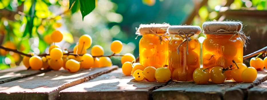 Yellow cherry jam in a jar. Selective focus. food.