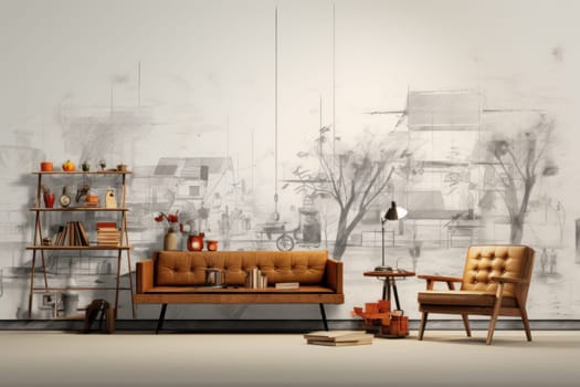 Wall Paper pencil sketch design with modern furniture in foreground. Generative AI.